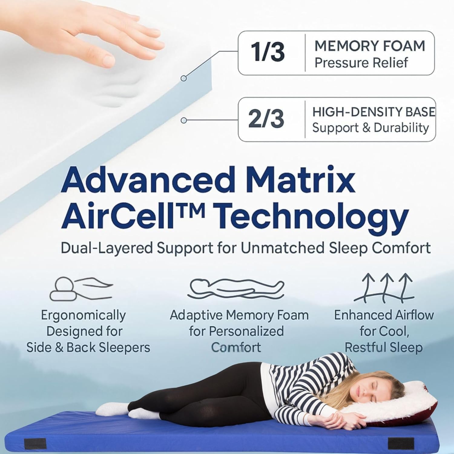 Matrix Air-Cell Memory Foam Camping Mattress - Portable Comfortable Roll Up Mattress