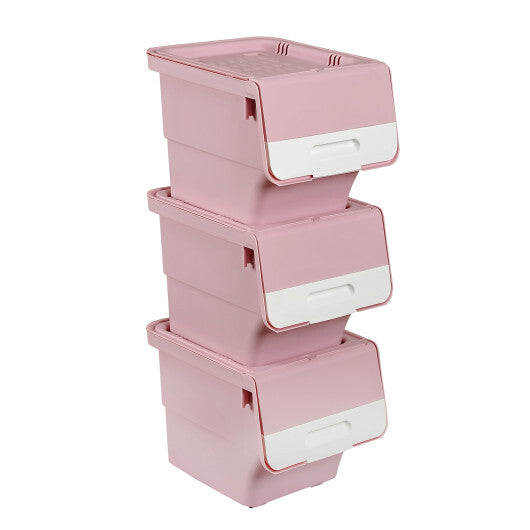 3 Pieces Storage Bins on Wheels Stackable Plastic Boxes with Stay-Open Lid (M)-Orange